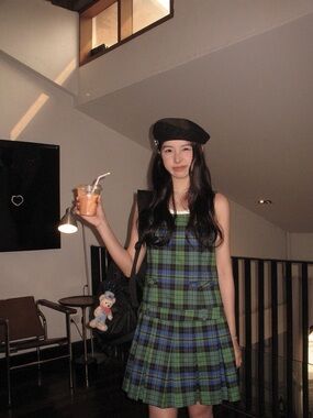 Stylish Plaid Mini Dress in Green and Blue
